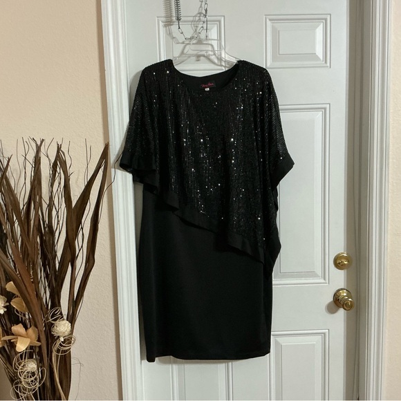 Hanna Nikole Black Sleeveless Cape Sequin Overlay Bodycon Pencil Dress Size 16W - Picture 4 of 7